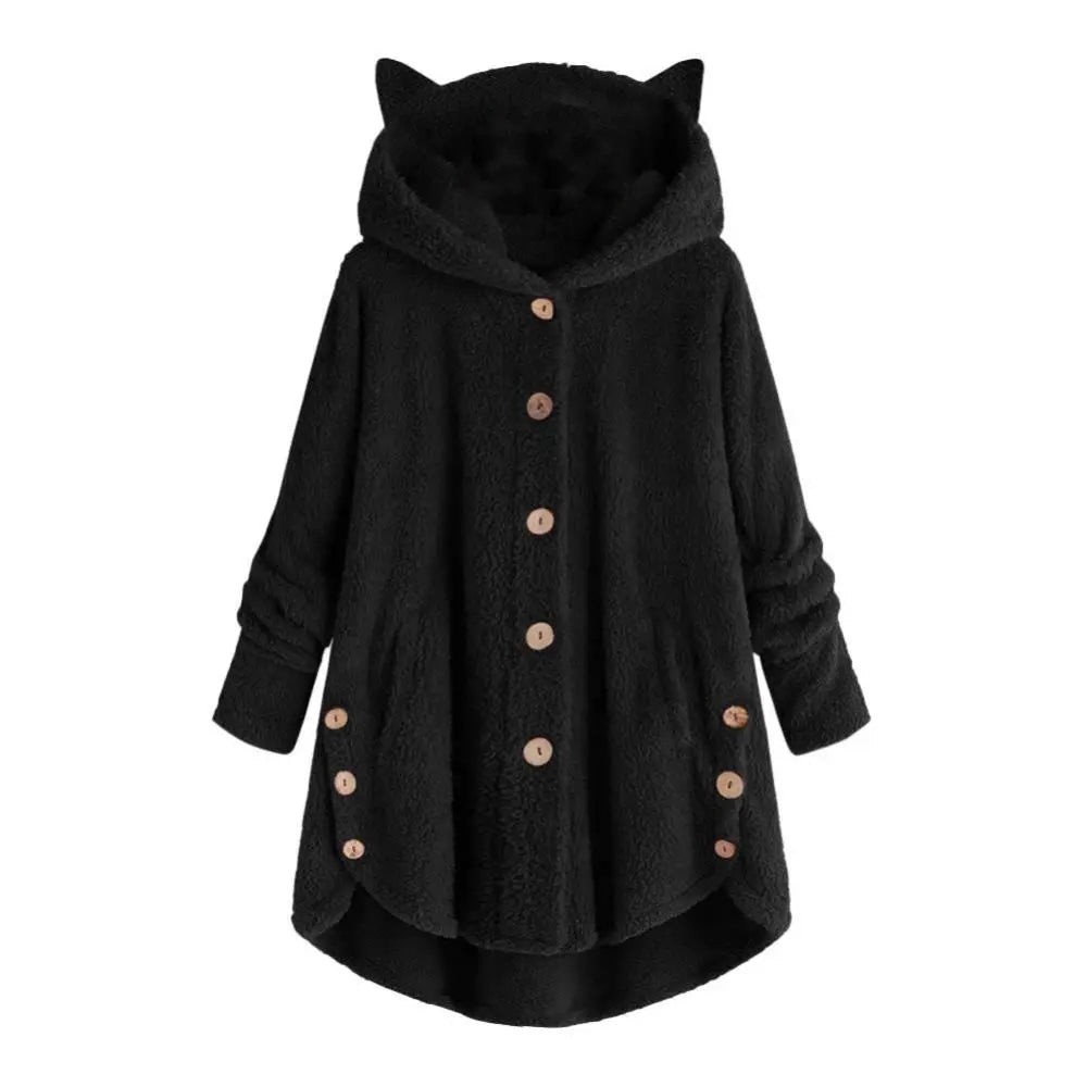 best Women Irregular Hem Winter Hooded Cute Cute Cats Ears Buttons Jacket Fleece Coat shop online at M2K Trends for