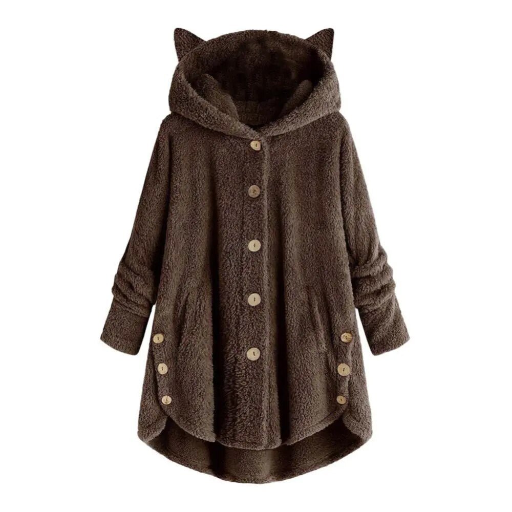 best Women Irregular Hem Winter Hooded Cute Cute Cats Ears Buttons Jacket Fleece Coat shop online at M2K Trends for