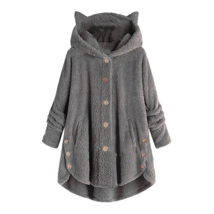 best Women Irregular Hem Winter Hooded Cute Cute Cats Ears Buttons Jacket Fleece Coat shop online at M2K Trends for