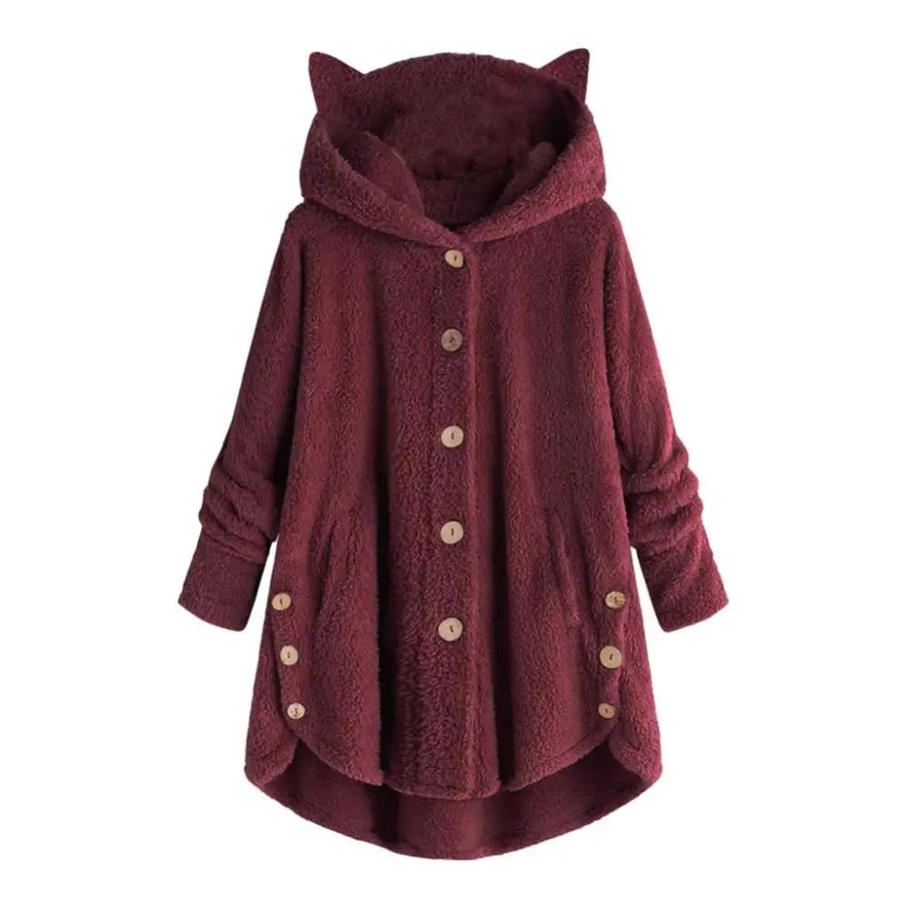 best Women Irregular Hem Winter Hooded Cute Cute Cats Ears Buttons Jacket Fleece Coat shop online at M2K Trends for