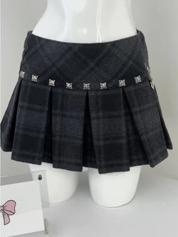 best Women Korean Fashion Preppy Vintage JK Plaid Woolen Mini Pleated Skirt Dark Academia Gyaru 2000s Aesthetic Y2k Night Club Kpop shop online at M2K Trends for