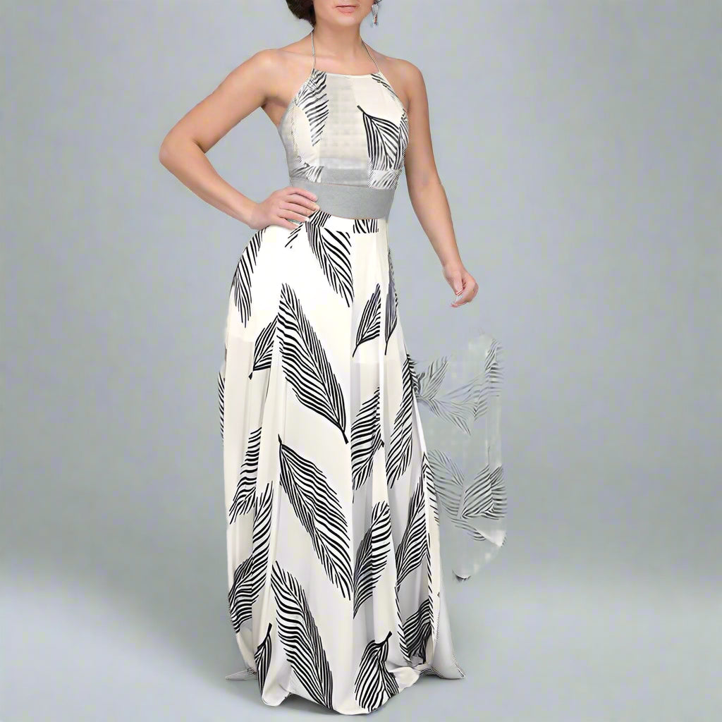 best Women Leaf Print Backless Two Pieces Dress Cami Top & Split Maxi Set Dress 0 shop online at M2K Trends for