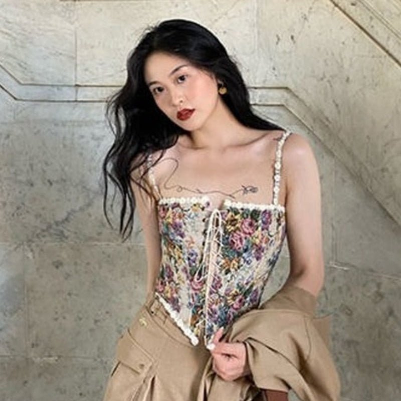 best Women Print Halter Tops Chic Bandage Floral Corset Shirts Elegant Designer French Vintage Sexy Style Party Club Ladies Top 0 shop online at M2K Trends for