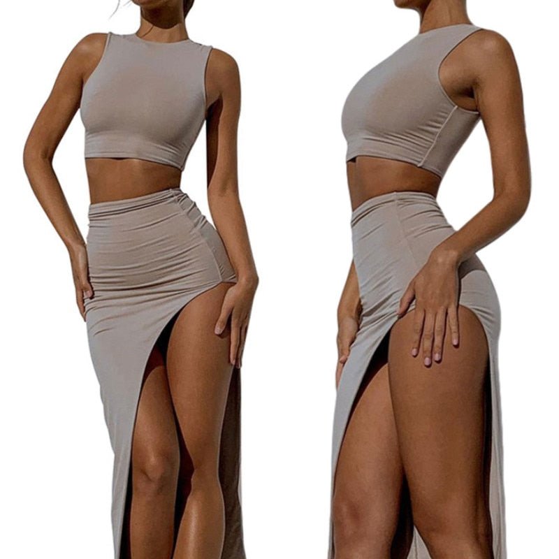 best Women Sexy Two-piece Clothes Set Women's suit Solid Color Round Collar Vest and High Waist Split Long Slit Skirt Summer 0 shop online at M2K Trends for