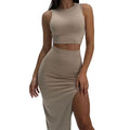 best Women Sexy Two-piece Clothes Set Women's suit Solid Color Round Collar Vest and High Waist Split Long Slit Skirt Summer 0 shop online at M2K Trends for