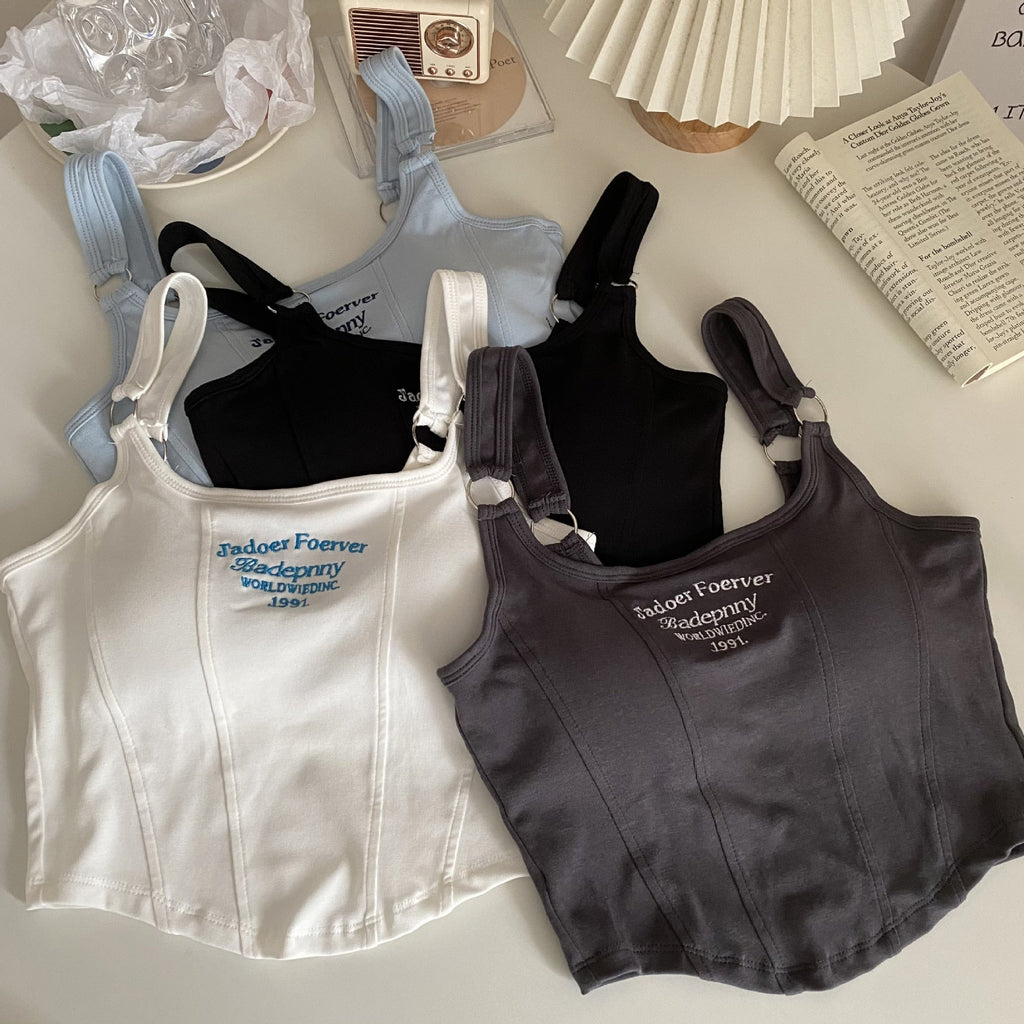 best Women Sleeveless Crop Top Tank Tops Sexy Vest Letters Y2K Solid Color Short Women's T-shirt Camisole Crop Top With Bra Pad 0 shop online at M2K Trends for