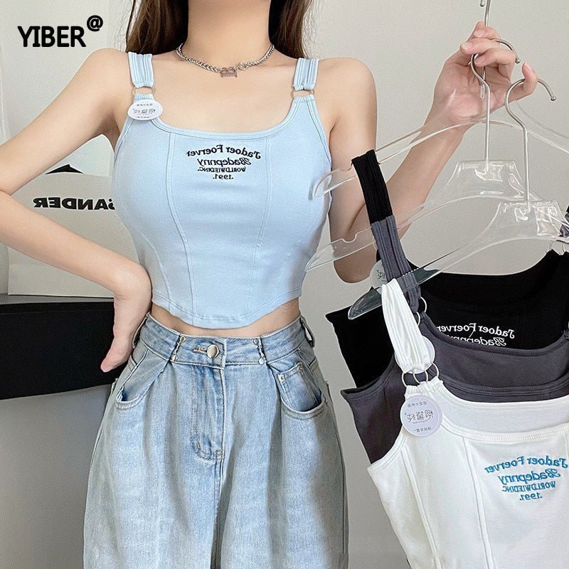 best Women Sleeveless Crop Top Tank Tops Sexy Vest Letters Y2K Solid Color Short Women's T-shirt Camisole Crop Top With Bra Pad 0 shop online at M2K Trends for