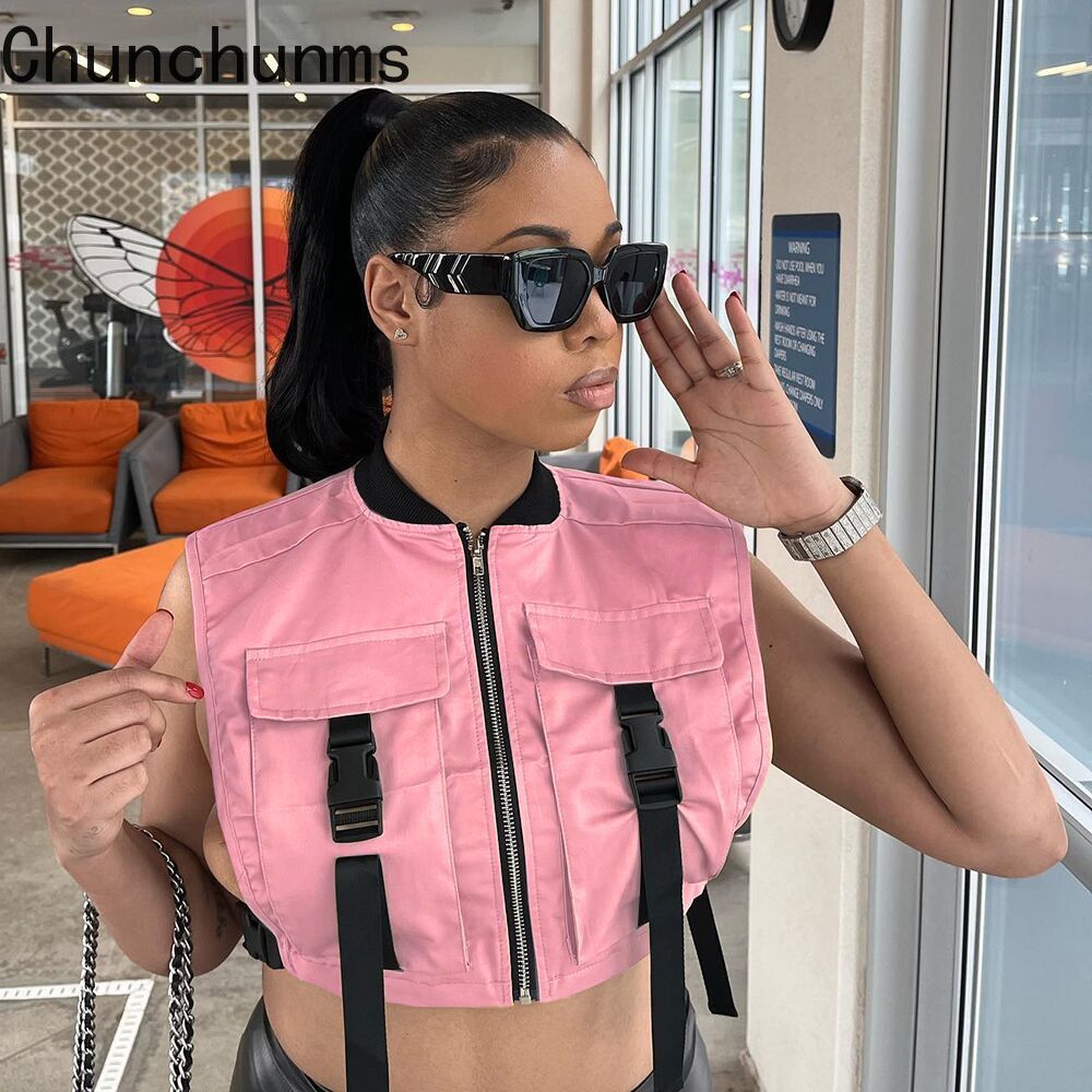 best Women Spring Vest Crop Sleeveless Jacket Pockets Buckle Zipper Tank Tops Sexy Workwear Cargo 2022 Streetwear Fall Waistcoat Y2K 0 shop online at M2K Trends for