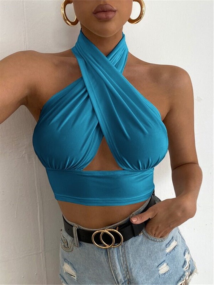best Women Summer Tank Tops Sexy Solid Color Cross Halter Neck Push Up Hollow Crop Tops 2022 New Fashion 0 shop online at M2K Trends for