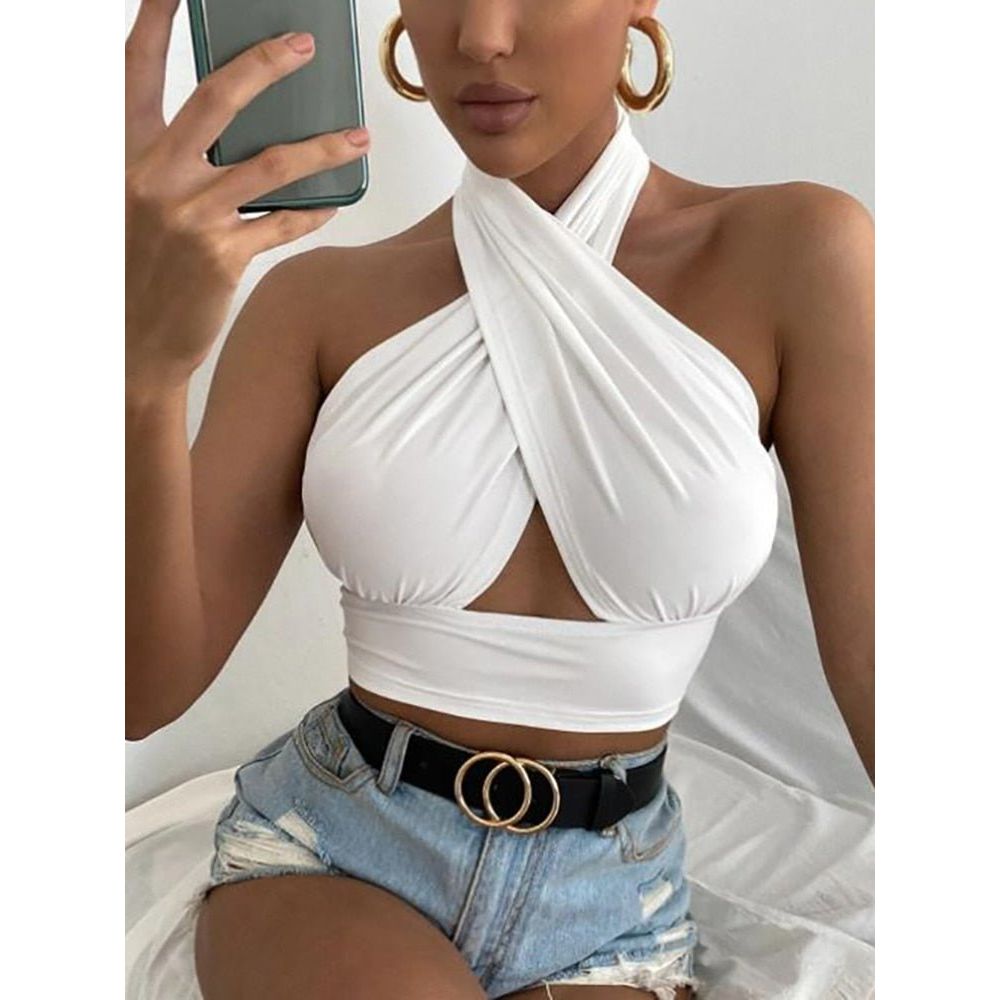 best Women Summer Tank Tops Sexy Solid Color Cross Halter Neck Push Up Hollow Crop Tops 2022 New Fashion 0 shop online at M2K Trends for