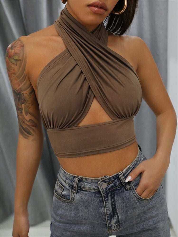 best Women Summer Tank Tops Sexy Solid Color Cross Halter Neck Push Up Hollow Crop Tops 2022 New Fashion 0 shop online at M2K Trends for