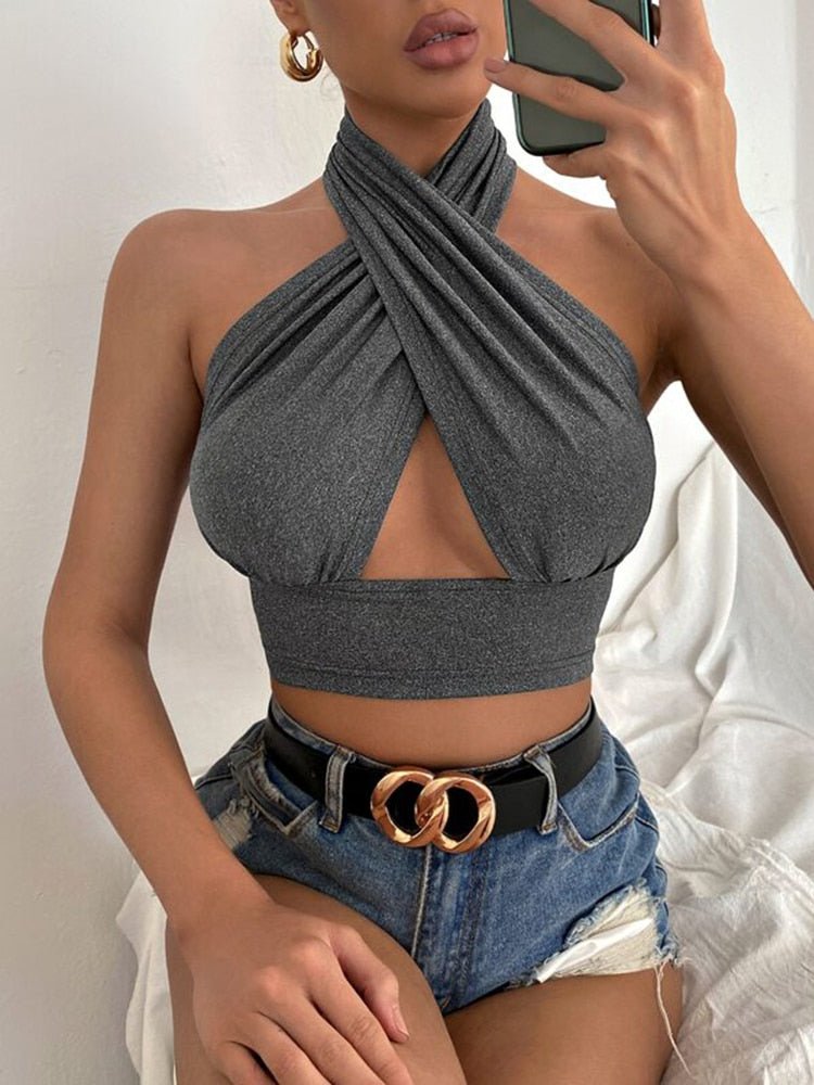 best Women Summer Tank Tops Sexy Solid Color Cross Halter Neck Push Up Hollow Crop Tops 2022 New Fashion 0 shop online at M2K Trends for