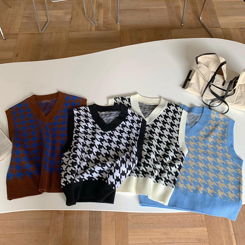 best Women Sweater Vest Autumn Houndstooth Plaid V-neck Sleeveless Knitted Vintage Loose Oversized Female Sweater Vest Women Clothing Hoodie Sweatshirts shop online at M2K Trends for Women Sweater Vest Autumn Houndstooth Plaid V-neck Sleeveless Knitted Vintage Loose Oversized Female Sweater Vest Women Clothing