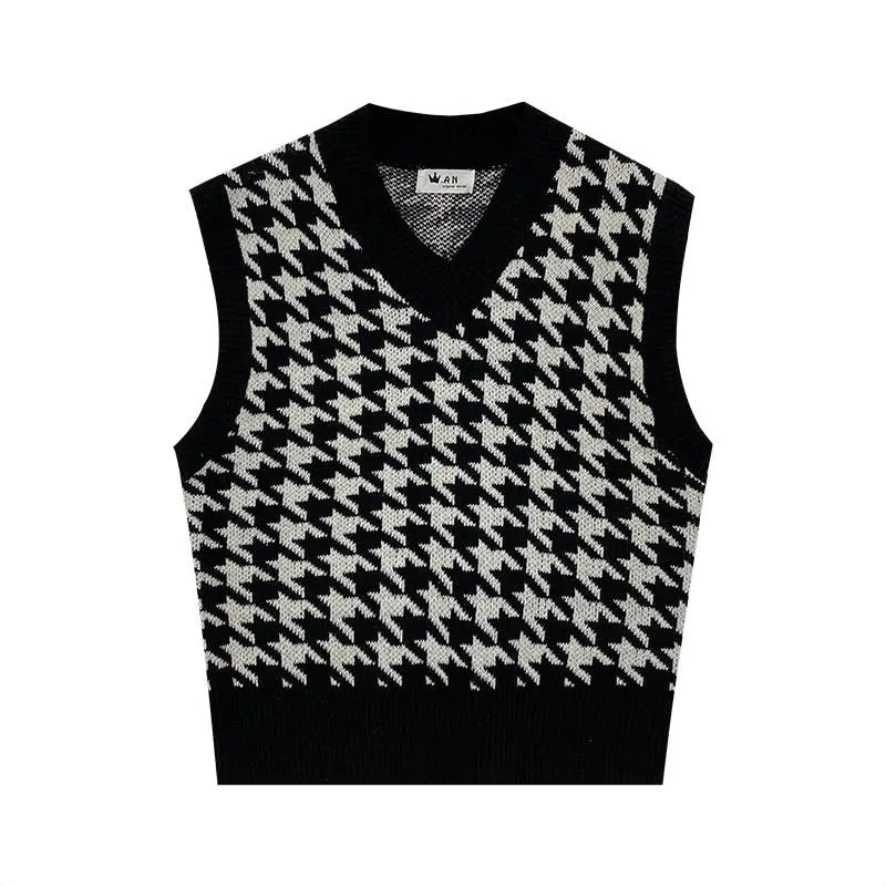 best Women Sweater Vest Autumn Houndstooth Plaid V-neck Sleeveless Knitted Vintage Loose Oversized Female Sweater Vest Women Clothing Hoodie Sweatshirts shop online at M2K Trends for Women Sweater Vest Autumn Houndstooth Plaid V-neck Sleeveless Knitted Vintage Loose Oversized Female Sweater Vest Women Clothing