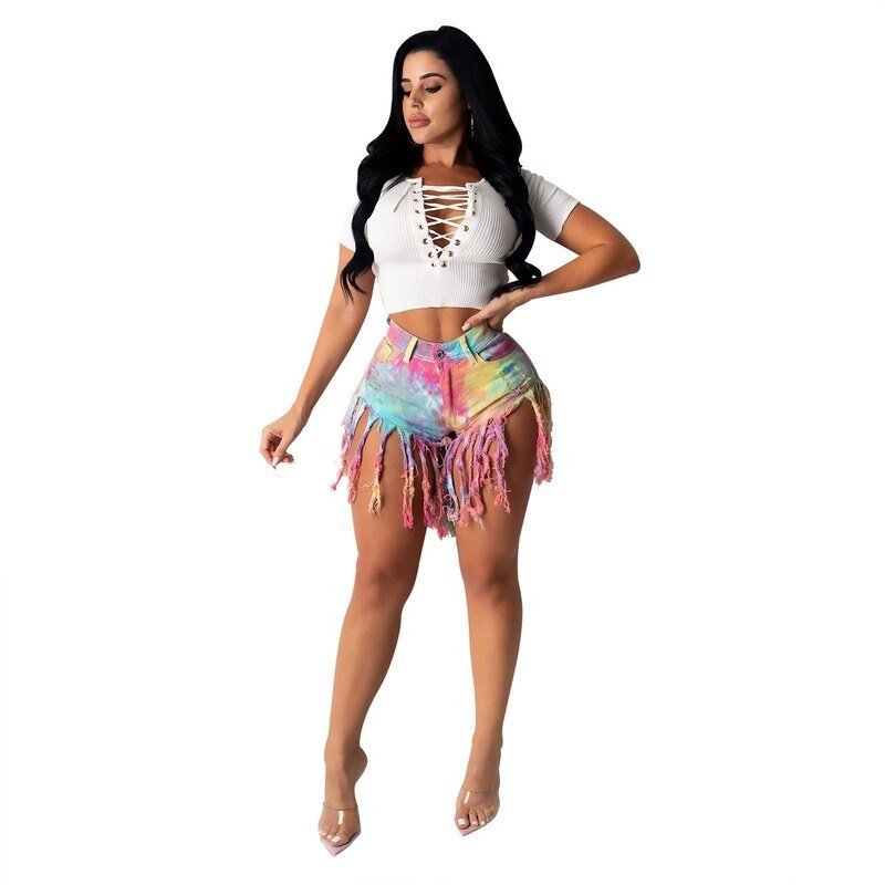 best Women Tassel Tie Dye Denim Shorts Hight Waist Skinny Slim Plus Size Jeans Female Casual Shorts Buttons Summer Streetwears indie 0 shop online at M2K Trends for