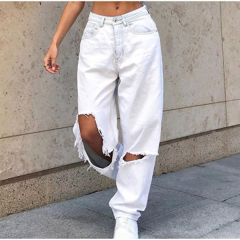best Women Vintage Y2k Low Rise Loose Wide Leg Trousers Harajuku White Ripped Hole Baggy Denim Pants 2021 Boyfriend Straight Jeans 0 shop online at M2K Trends for