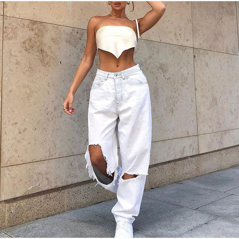 best Women Vintage Y2k Low Rise Loose Wide Leg Trousers Harajuku White Ripped Hole Baggy Denim Pants 2021 Boyfriend Straight Jeans 0 shop online at M2K Trends for
