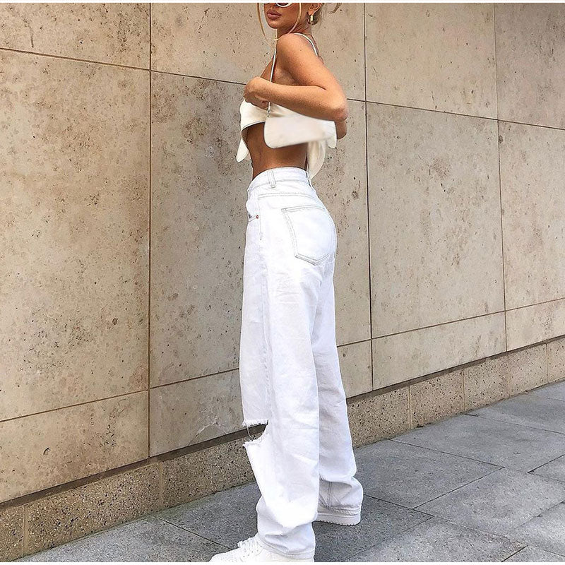best Women Vintage Y2k Low Rise Loose Wide Leg Trousers Harajuku White Ripped Hole Baggy Denim Pants 2021 Boyfriend Straight Jeans 0 shop online at M2K Trends for