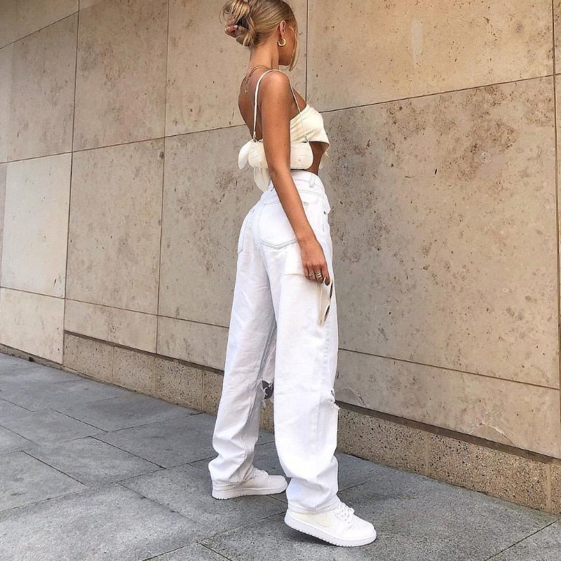 best Women Vintage Y2k Low Rise Loose Wide Leg Trousers Harajuku White Ripped Hole Baggy Denim Pants 2021 Boyfriend Straight Jeans 0 shop online at M2K Trends for