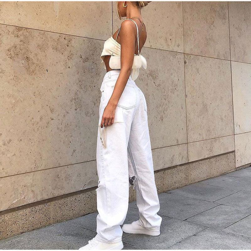 best Women Vintage Y2k Low Rise Loose Wide Leg Trousers Harajuku White Ripped Hole Baggy Denim Pants 2021 Boyfriend Straight Jeans 0 shop online at M2K Trends for