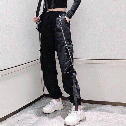 best Women Cargo Pants Buckle Ribbon Pocket Jogger Elastic Waist High Hip Hop Streetwear Pant Chain Females Trousers 0 shop online at M2K Trends for