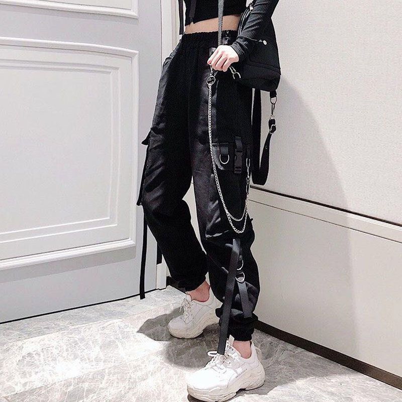 best Women Cargo Pants Buckle Ribbon Pocket Jogger Elastic Waist High Hip Hop Streetwear Pant Chain Females Trousers 0 shop online at M2K Trends for