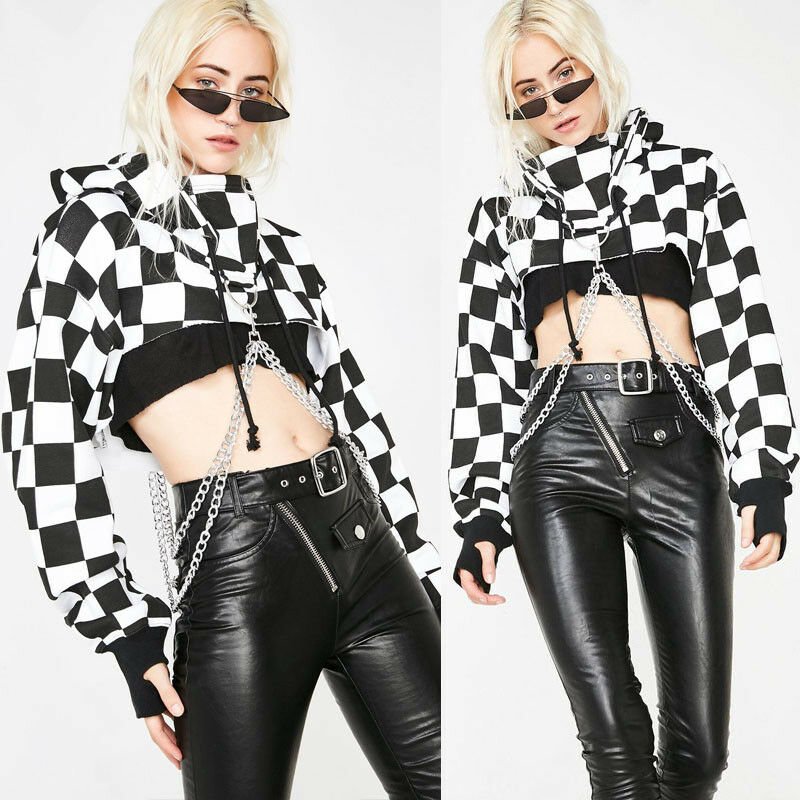 best Women Sexy Gothic Plaid Crop Top Hoodies Chain Long Sleeve Jumper Hooded Pullover Casual Sweatshirt Streetwear 0 shop online at M2K Trends for