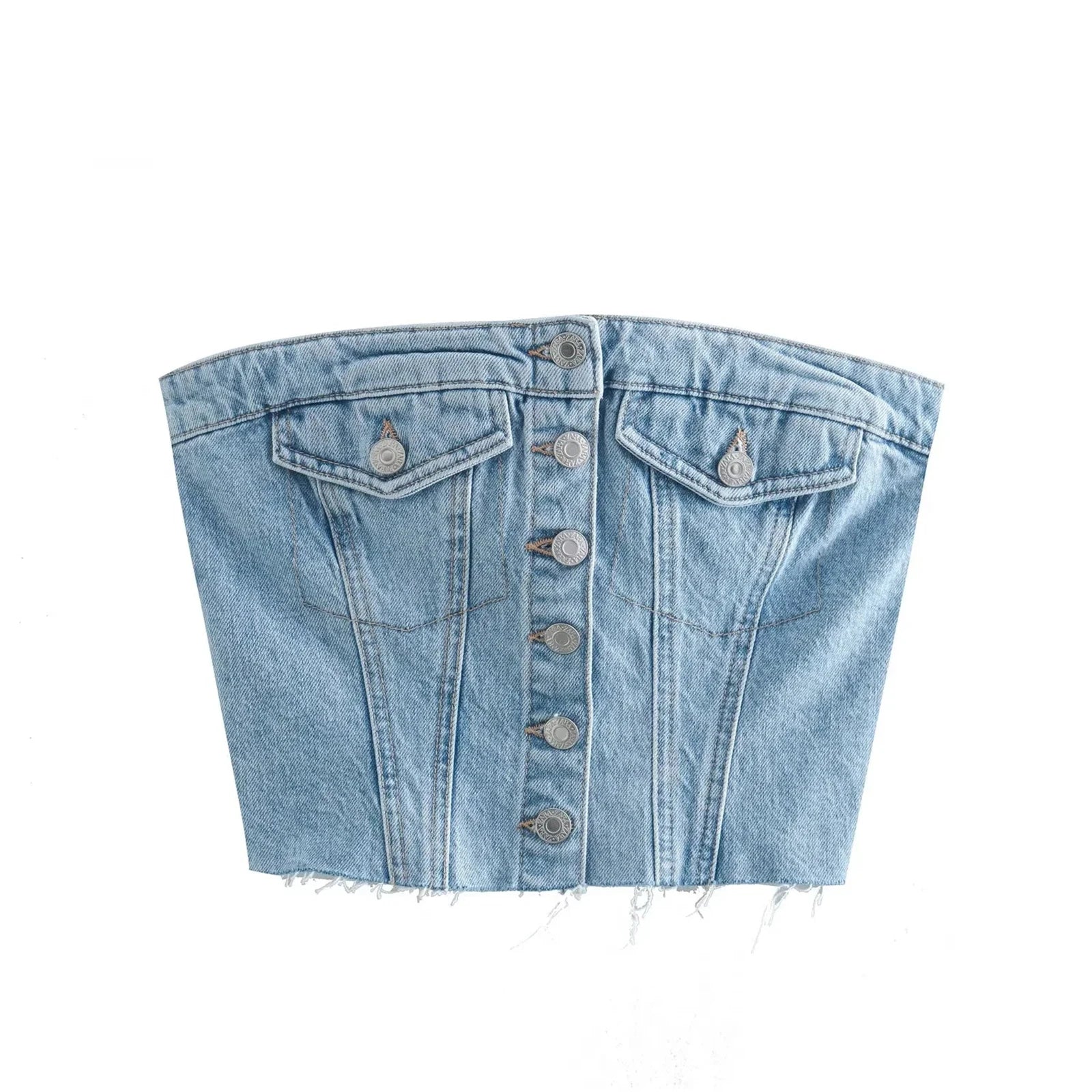 best Women's Button Down Denim Bustier Crop Top Strapless Jeans Corset Top Backles Push Up Tank Tops Vintage Harajuku Streetwear shop online at M2K Trends for