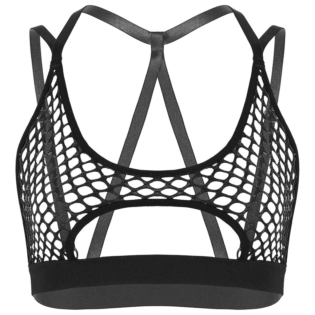 best Women's Hollow Fishnet Halter Elastic Spaghetti Straps Crisscross Back Cutout Underboob Vest Crop Tops Festival Rave Clubwear 0 shop online at M2K Trends for