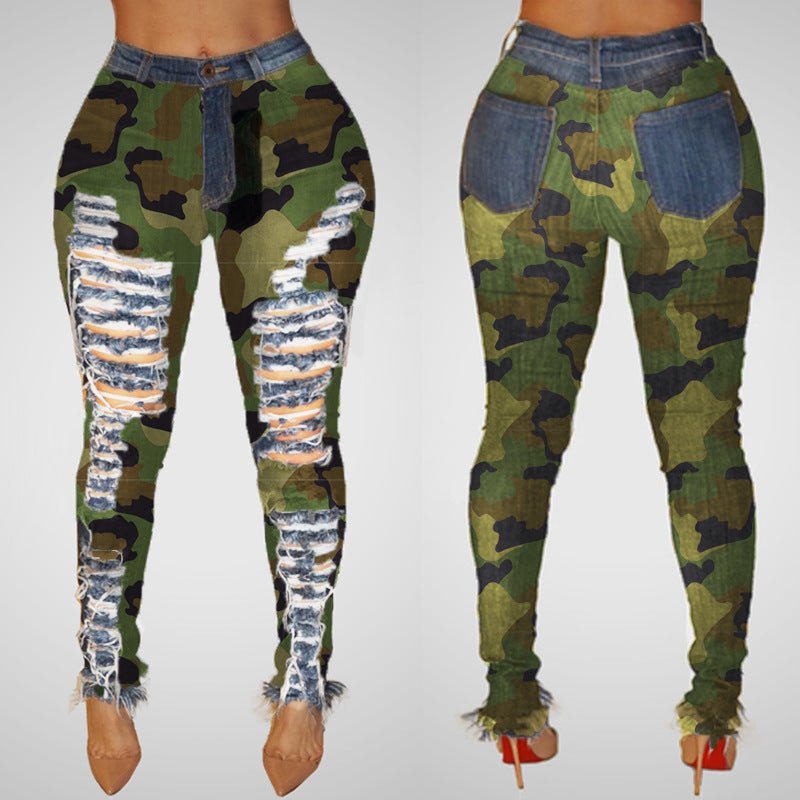 best Women's Sexy Personality Ripped High-waisted Leggings And Frayed Camouflage Feet Pants Clothing shop online at M2K Trends for