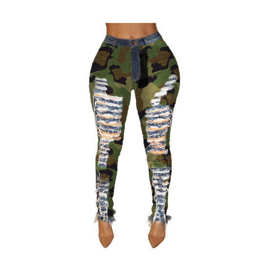 best Women's Sexy Personality Ripped High-waisted Leggings And Frayed Camouflage Feet Pants Clothing shop online at M2K Trends for