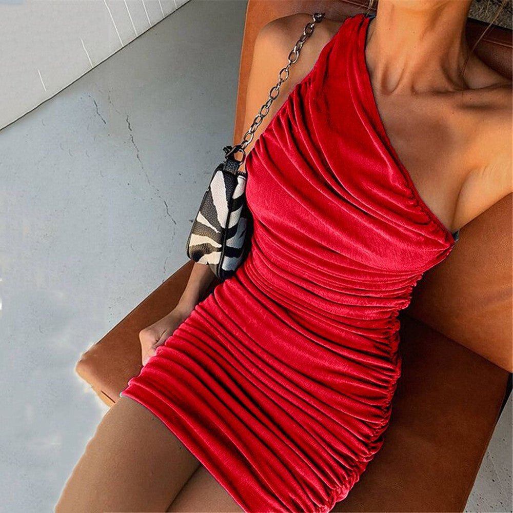 best Women's Solid Color Sexy Trendy Oblique Shoulder Pleated Dress Bag Hip Skirt dress shop online at M2K Trends for women dress