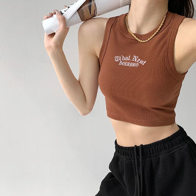 best Women's Tank Top Ribbed Knitted Embroidery Letter Vest Female Summer Clothing Crop top White Black Casual Short Tight Sport Tops 0 shop online at M2K Trends for