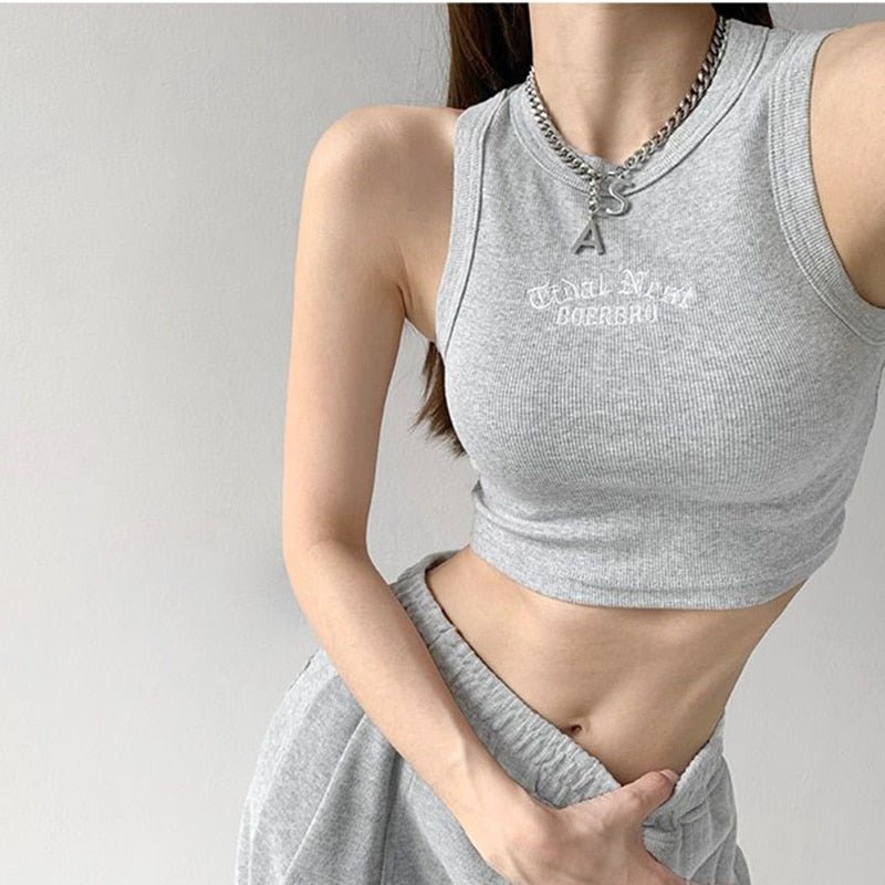 best Women's Tank Top Ribbed Knitted Embroidery Letter Vest Female Summer Clothing Crop top White Black Casual Short Tight Sport Tops 0 shop online at M2K Trends for