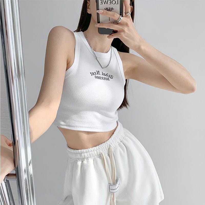 best Women's Tank Top Ribbed Knitted Embroidery Letter Vest Female Summer Clothing Crop top White Black Casual Short Tight Sport Tops 0 shop online at M2K Trends for