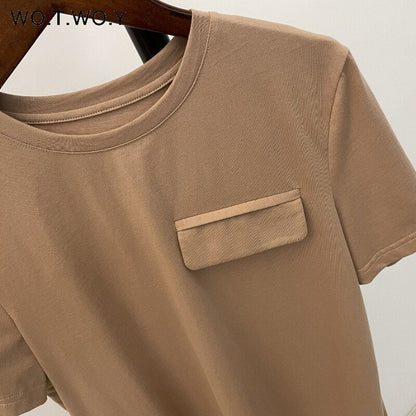 best WOTWOY Summer Casual Solid T-shirts Women Fake Pocket O-Neck Cotton Short Sleeve Tees Female Basic Loose Soft Tops Harajuku 2023 0 shop online at M2K Trends for