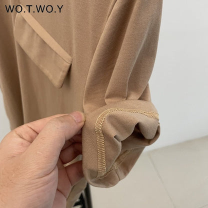 best WOTWOY Summer Casual Solid T-shirts Women Fake Pocket O-Neck Cotton Short Sleeve Tees Female Basic Loose Soft Tops Harajuku 2023 0 shop online at M2K Trends for