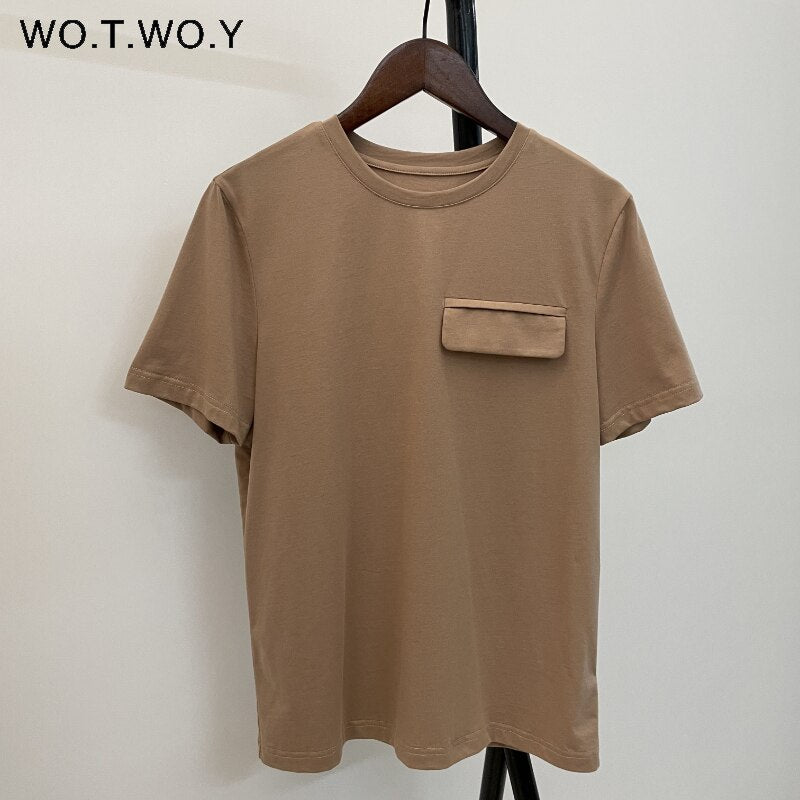 best WOTWOY Summer Casual Solid T-shirts Women Fake Pocket O-Neck Cotton Short Sleeve Tees Female Basic Loose Soft Tops Harajuku 2023 0 shop online at M2K Trends for