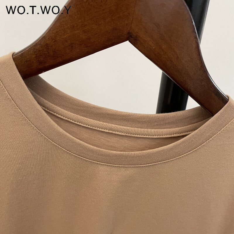 best WOTWOY Summer Casual Solid T-shirts Women Fake Pocket O-Neck Cotton Short Sleeve Tees Female Basic Loose Soft Tops Harajuku 2023 0 shop online at M2K Trends for