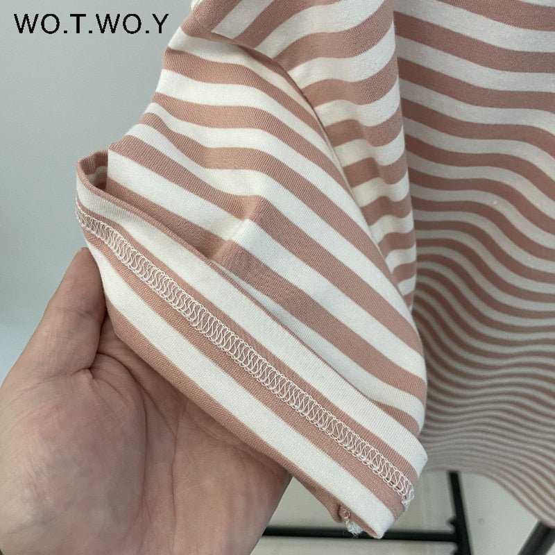 best WOTWOY Summer Short Sleeve Striped T-Shirts Women Knitted Basic Casual Tops Female Cozy Loose Cotton Tees 2023 Harajuku Shirt 0 shop online at M2K Trends for