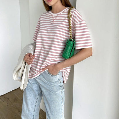 best WOTWOY Summer Short Sleeve Striped T-Shirts Women Knitted Basic Casual Tops Female Cozy Loose Cotton Tees 2023 Harajuku Shirt 0 shop online at M2K Trends for