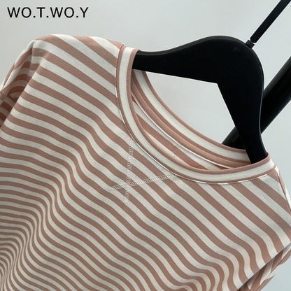 best WOTWOY Summer Short Sleeve Striped T-Shirts Women Knitted Basic Casual Tops Female Cozy Loose Cotton Tees 2023 Harajuku Shirt 0 shop online at M2K Trends for