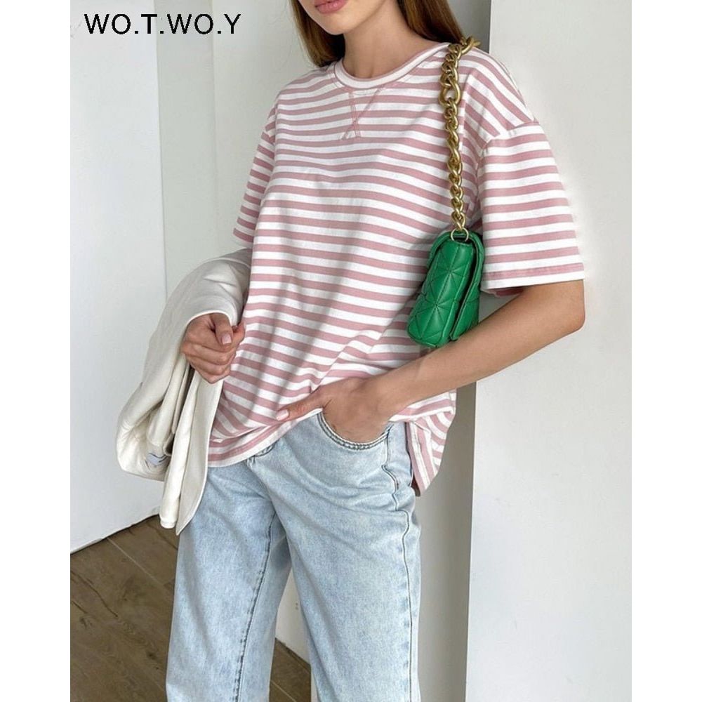 best WOTWOY Summer Short Sleeve Striped T-Shirts Women Knitted Basic Casual Tops Female Cozy Loose Cotton Tees 2023 Harajuku Shirt 0 shop online at M2K Trends for