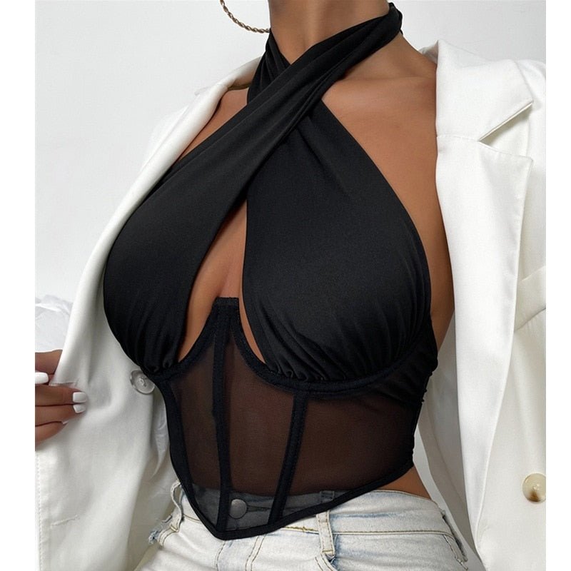 best wsevypo Sexy Cross Halter Corset Bustier Mesh Bone Tank Tops Women Tie Up Wrap Tube Tops Backless Slim Fit Cut Out Front Tops 0 shop online at M2K Trends for