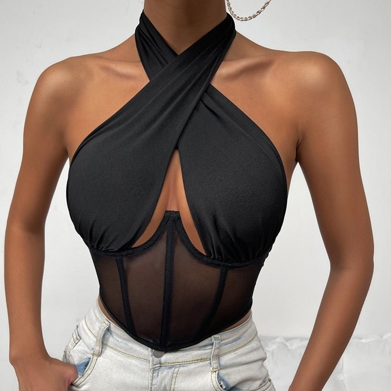 best wsevypo Sexy Cross Halter Corset Bustier Mesh Bone Tank Tops Women Tie Up Wrap Tube Tops Backless Slim Fit Cut Out Front Tops 0 shop online at M2K Trends for