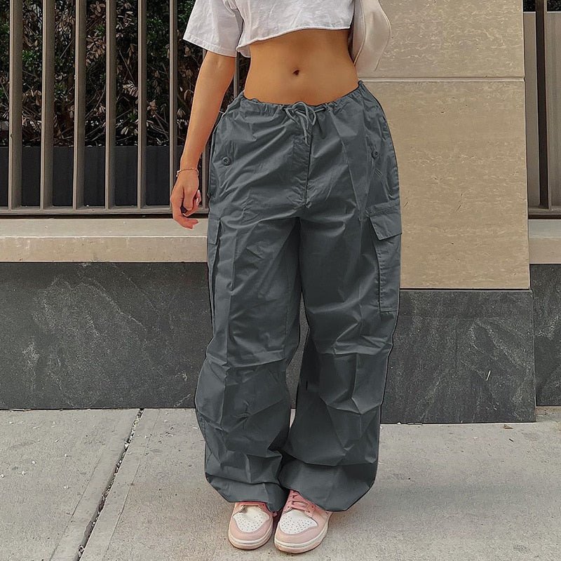 best Y2K Clothing Oversized Drawstring Low Waist Parachute Loose Fit Sweatpants Trousers Women Jogger Cargo Pants Streetwear Outfits women`s pants shop online at M2K Trends for Y2K Clothing Oversized Drawstring Low Waist Parachute Loose Fit Sweatpants Trousers Women Jogger Cargo Pants Streetwear Outfits