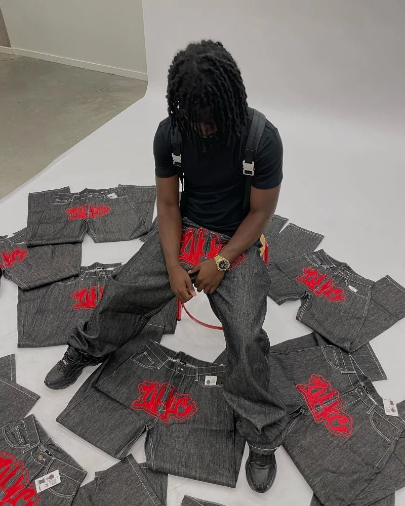 best Y2K Harajuku baggy jeans Gothic Streetwear Vintage printing 2023 New Hip Hop Black Casual Men women Fashion Casual loose jeans shop online at M2K Trends for