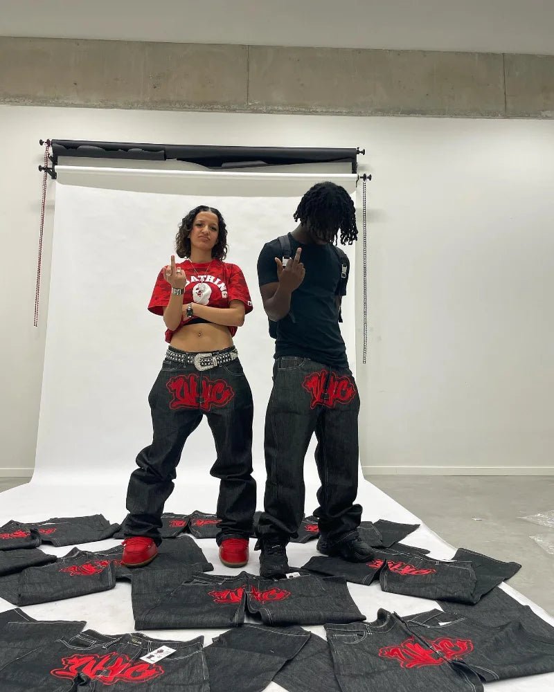 best Y2K Harajuku baggy jeans Gothic Streetwear Vintage printing 2023 New Hip Hop Black Casual Men women Fashion Casual loose jeans shop online at M2K Trends for