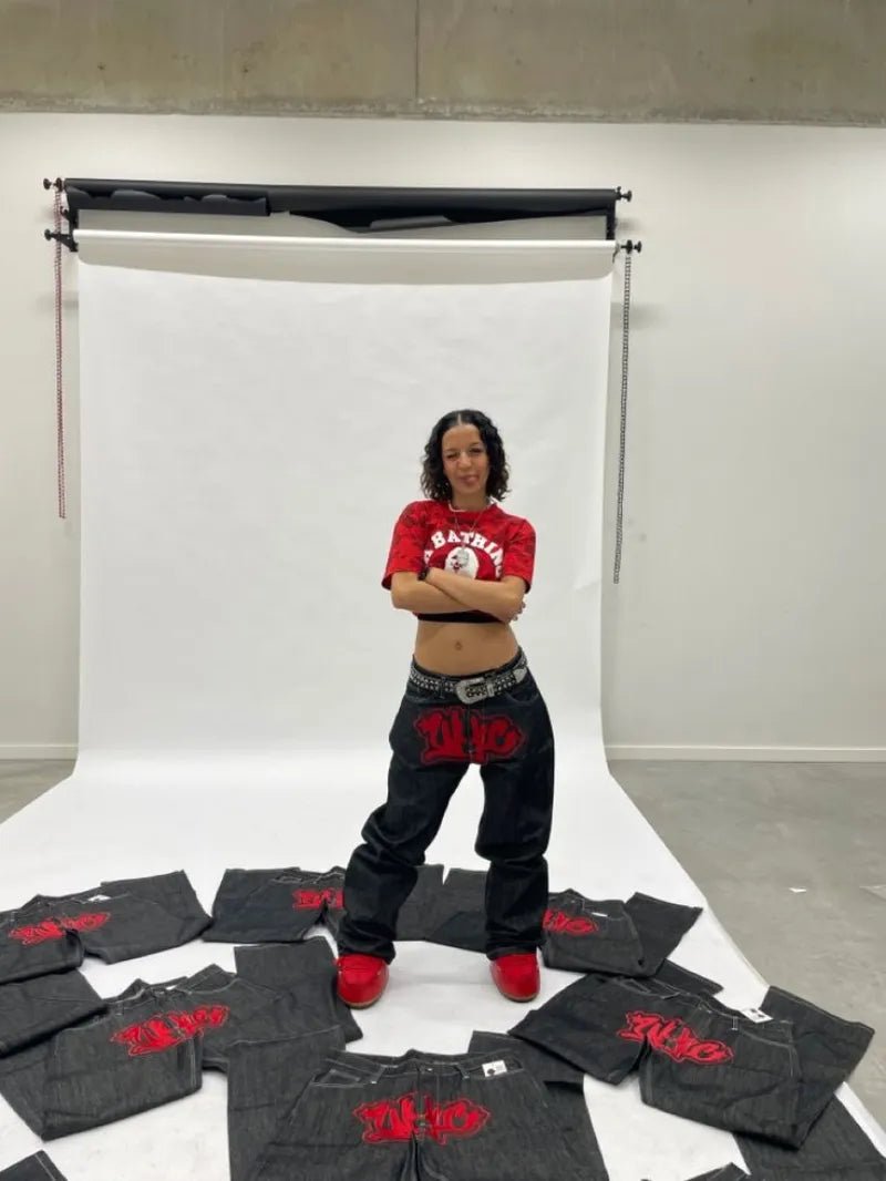 best Y2K Harajuku baggy jeans Gothic Streetwear Vintage printing 2023 New Hip Hop Black Casual Men women Fashion Casual loose jeans shop online at M2K Trends for