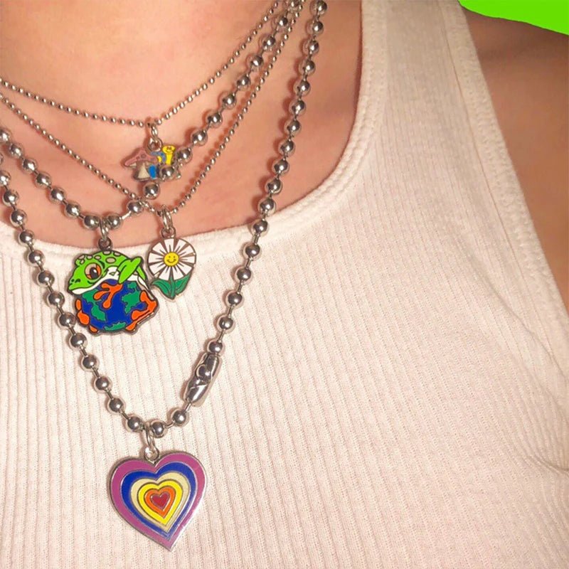 best Y2K Rainbow Heart Mushroom Necklace For Women Metal Goth Butterfly Charms Vintage 90s Style Choker Necklace Jewelry Aesthetics shop online at M2K Trends for